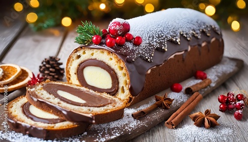 french christmas dessert buche de noel delicious typical french xmas dessert baked biscuit rolled with chocolate cream and decorated with chocolate and sugar elements illustration