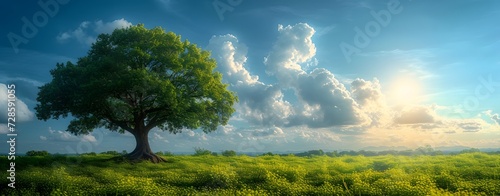 a big green leafy tree with blue sky and cloudy background  nature environment concept. peaceful. copy space. mockup.