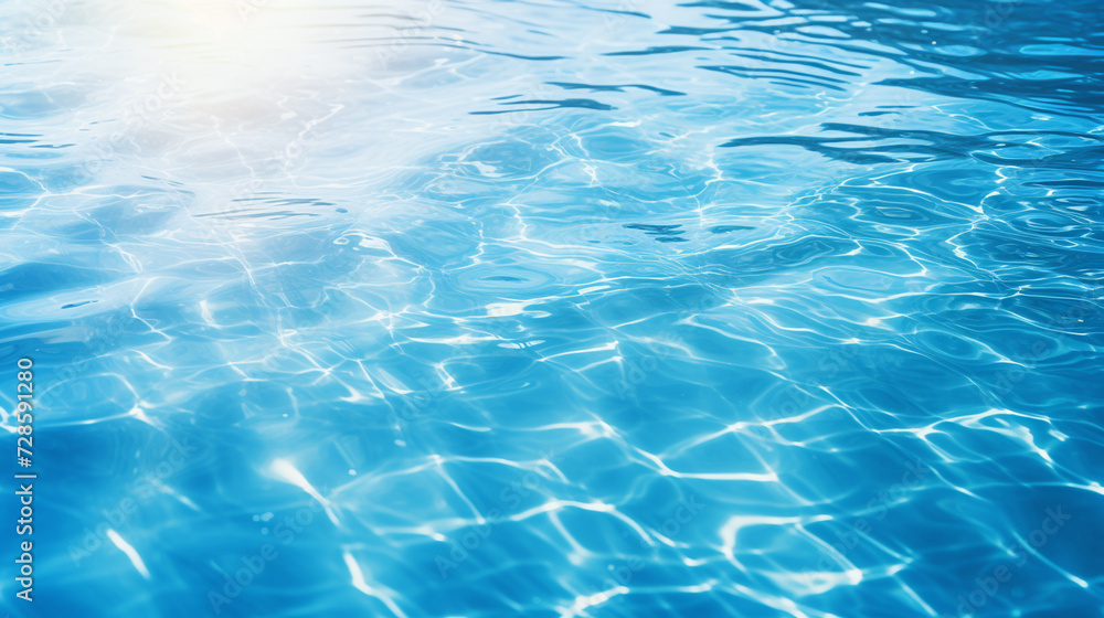 Blue water surface with bright sun light reflections water in swimming pool background closeup Blue water surface with bright sun light reflections water in swimming pool background closeup