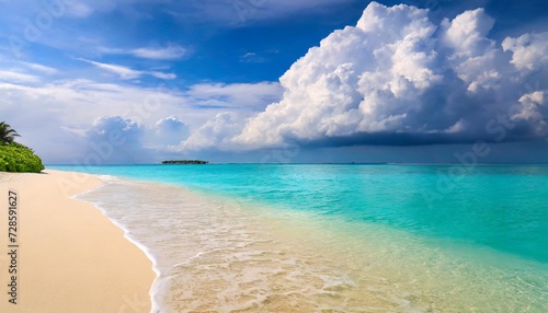 beautiful sandy beach with white sand and rolling calm wave of turquoise ocean on sunny day on background white clouds in blue sky island in maldives colorful perfect panoramic natural landscape © Kendrick