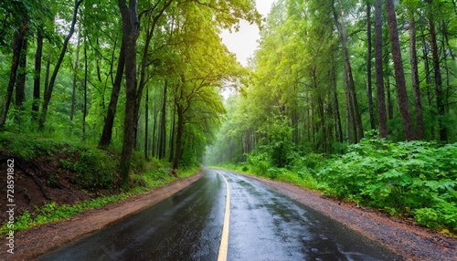 road in green forest after rain