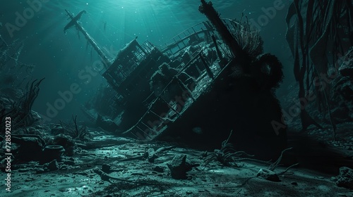Marine Graveyard: Sunken Shipwreck Resting in a Nautical Cemetery, Embraced by Darkness and Scattered Objects