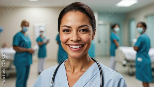 Professional portrait of a smiling mixed-race female nurse in teal scrubs with a stethoscope, surrounded by a healthcare team in a clinical setting.