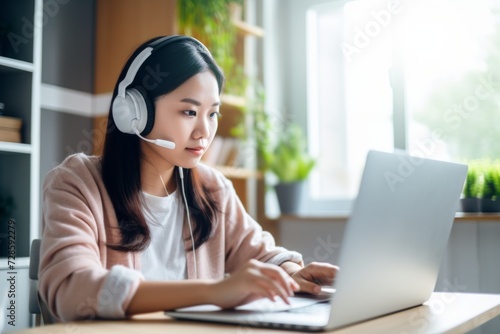Woman Sitting at Desk With Laptop and Headphones