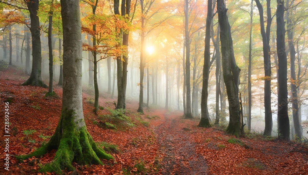 autumn beech forest on misty weather during sunrise