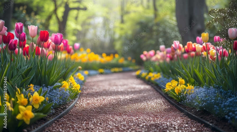 A picturesque garden path adorned with colorful tulips and daffodils, ideal for an Easter stroll - obrazy, fototapety, plakaty 