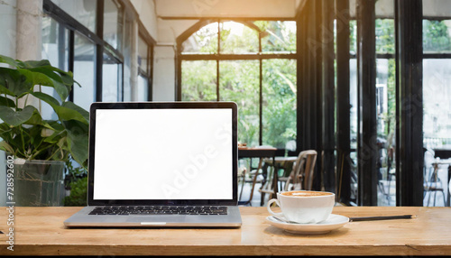 Desk Laptop with blank screen on table of coffee