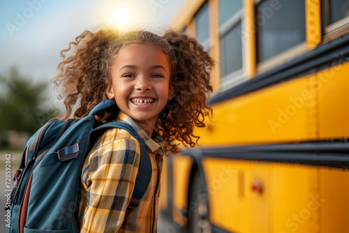 Smiling elementary student girl smiling and ready to board school bus, Generative AI photo