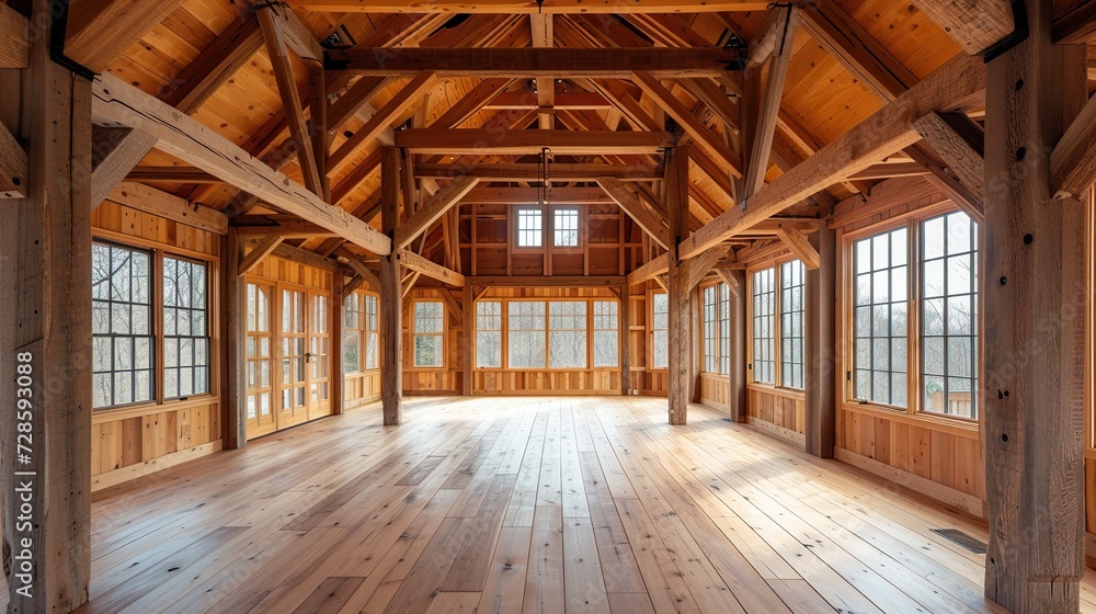 Wooden Haven: Empty Room Evoking the Charm of a Rustic Barn with Wooden Beams, Plank Floors, and a Cozy Warmth Wooden Haven: Empty Room Evoking the Charm of a Rustic Barn with Wooden Beams, Plank Floors, and a Cozy Warmth