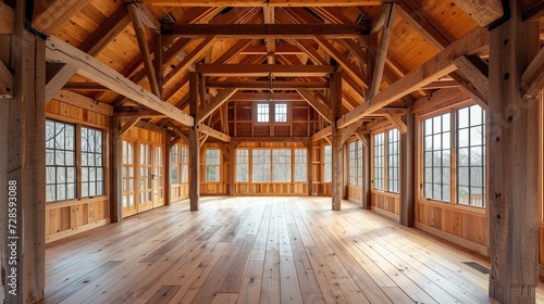 Wooden Haven: Empty Room Evoking the Charm of a Rustic Barn with Wooden Beams, Plank Floors, and a Cozy Warmth