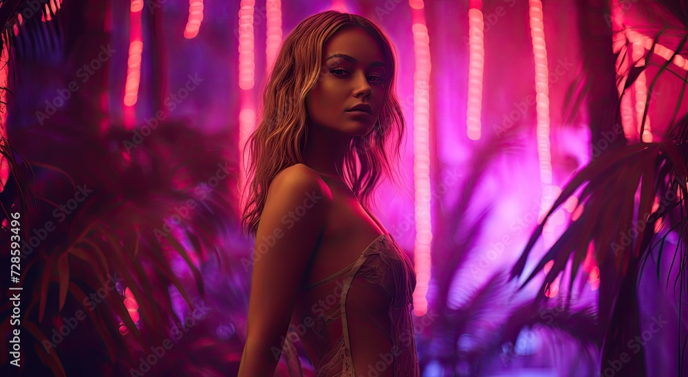 Amidst the glow of neon lights, a cyberpunk-inspired girl poses boldly in a bikini top, channeling the spirit of modernity and urban chic. Amidst the glow of neon lights, a cyberpunk-inspired girl poses boldly in a bikini top, channeling the spirit of modernity and urban chic.