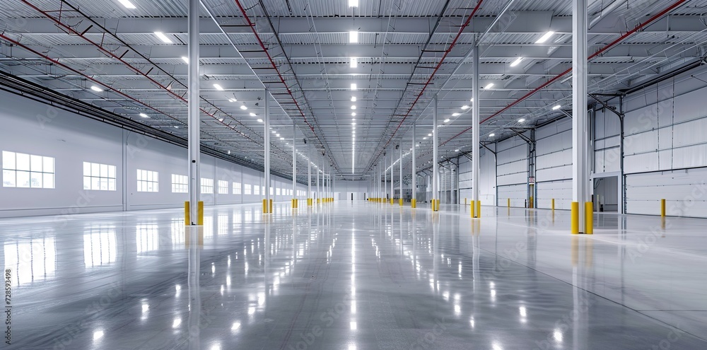 Fortified Warehouse: Expansive Storage Area Drenched in Bright Light, Meticulously Crafted for Security