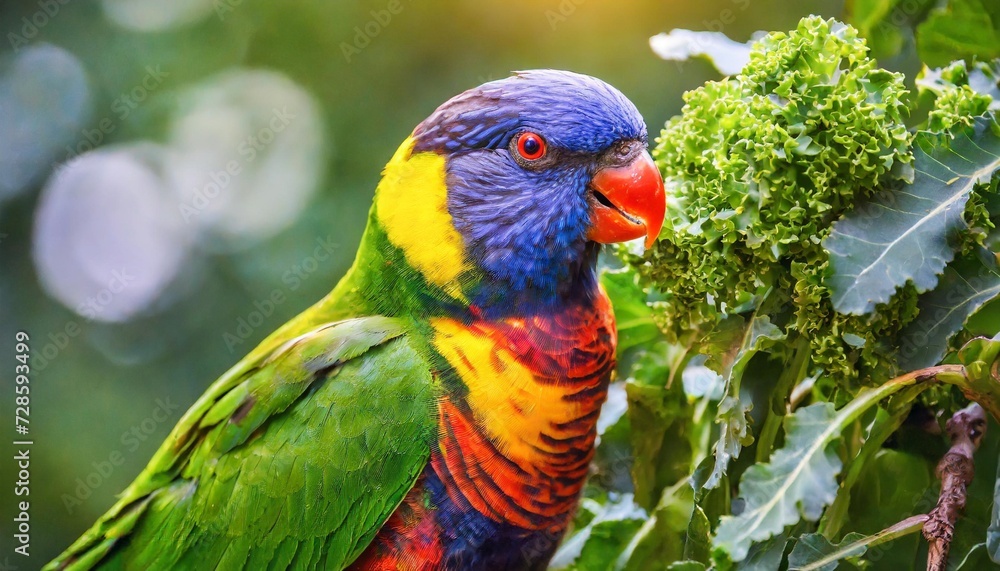 closeup of a colorful lorikeet eating kale on the branch