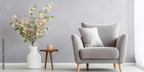 Armchair and grey sofa with flowers in natural living room. Real photo.