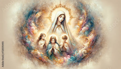 Heavenly Visions of the Virgin Mary: The Three Shepherd Children in Devout Prayer at the Miracle of Fatima photo