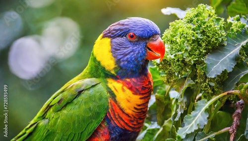 closeup of a colorful lorikeet eating kale on the branch