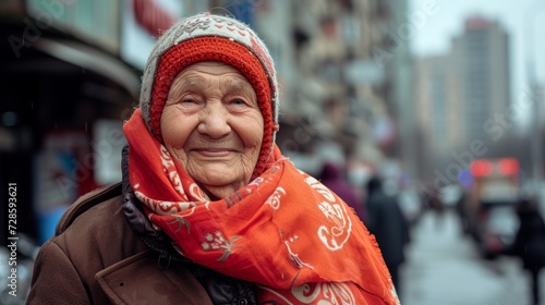 Elderly Woman Wearing Red Scarf and Hat
