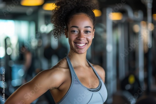 Smiling Woman in Gray Tank Top at the Gym