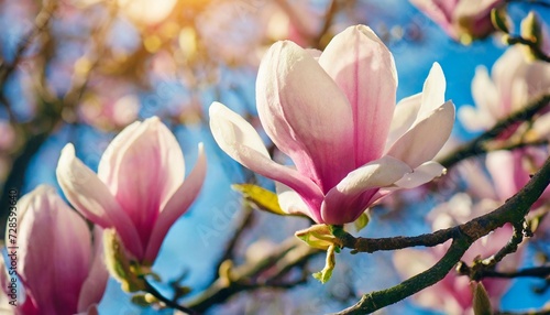 magnolia tree blossom in springtime tender pink flowers bathing in sunlight warm april weather