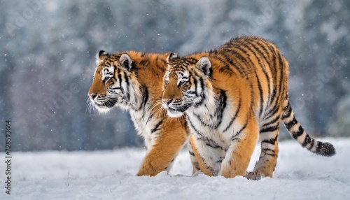 two siberian tiger walking together in the snow