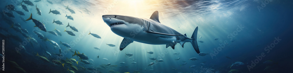 Fototapeta premium Wide bottom view of a large shark in the ocean.