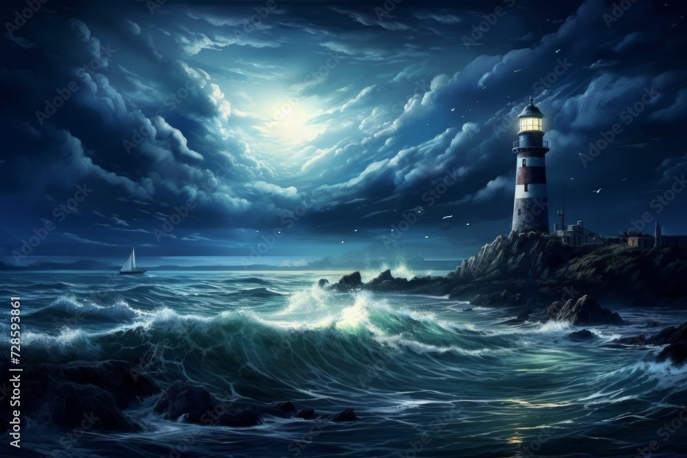 A Painting of a Lighthouse in the Middle of the Ocean