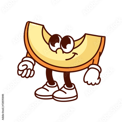 Groovy cartoon melon slice character with cute smile. Funny retro yellow tropical melon with arms and legs, comic muskmelon mascot, cartoon summer food sticker of 70s 80s style vector illustration