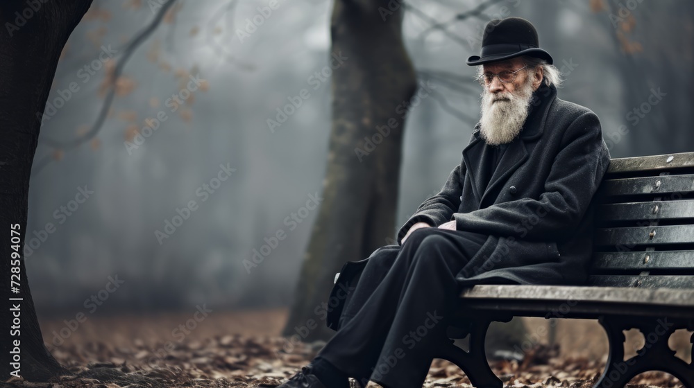 Lonely Elderly Man Sitting Alone on a Park Bench During Autumn Lonely Elderly Man Sitting Alone on a Park Bench During Autumn