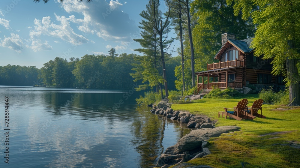 A peaceful lakeside retreat, where families relax by the water and enjoy a tranquil holiday