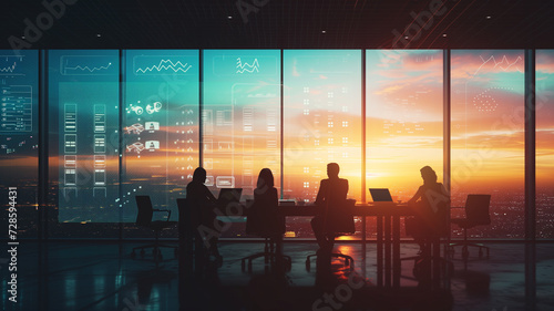 A team meeting at sunrise, silhouetted against a large window overlooking a city awakening, discussing strategies beside a holographic display of goals and progress charts.