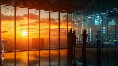 A team meeting at sunrise, silhouetted against a large window overlooking a city awakening, discussing strategies beside a holographic display of goals and progress charts.