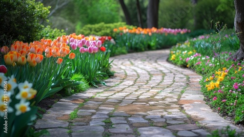 A picturesque garden path adorned with colorful tulips and daffodils, ideal for an Easter stroll
