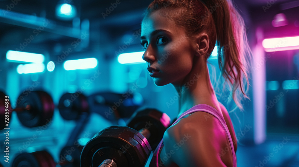 young adult caucasian woman, age 28, trains with dumbbells, indo - obrazy, fototapety, plakaty 