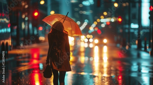 Woman Walking Down Street Holding Umbrella