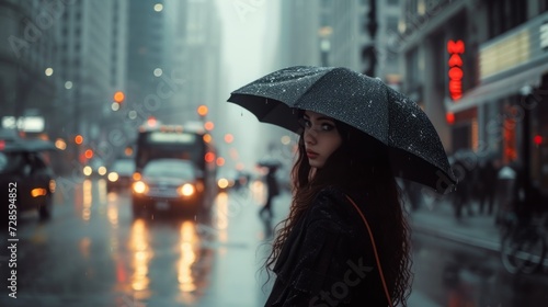 Woman Standing in the Rain Holding an Umbrella