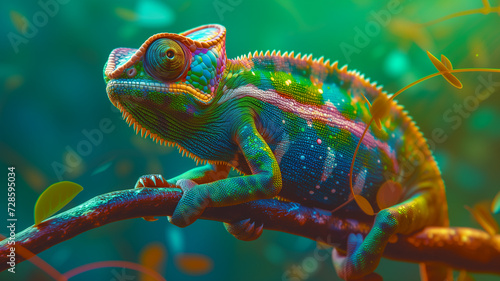 Chameleon wearing sunglasses against a solid background. photo