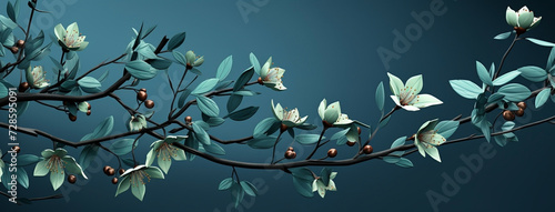 Beautiful wide panoramic plant branch with small flowers and leaves, wallpaper banner in blue color background  
