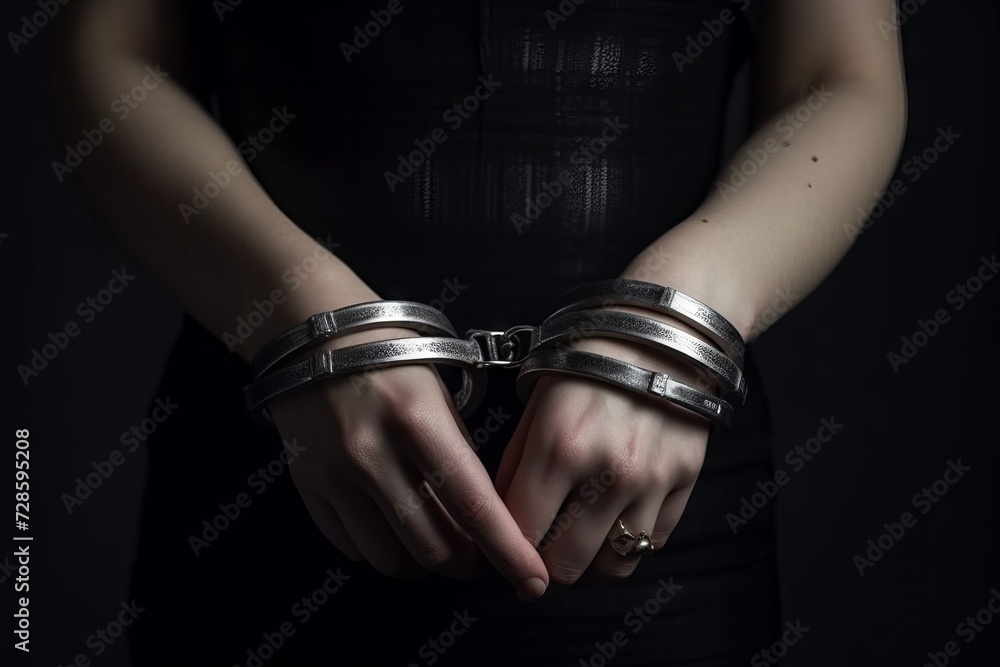 a girl with an expressive look and shackled hands. Concept illustration of themes about personal freedom, psychological limitations, survival and struggle - obrazy, fototapety, plakaty 