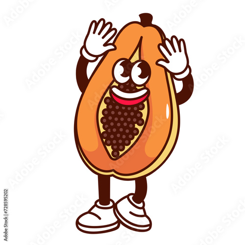 Groovy cartoon papaya character with smile and black seeds. Funny retro pawpaw fruit cut in half, juicy happy papaya mascot with arms and legs, cartoon sticker of 70s 80s style vector illustration