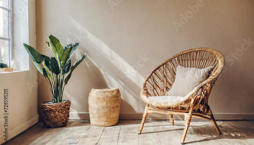 Empty beige wall mockup in boho room interior with wicker armchair and vase Natural daylight from a window Promotion background