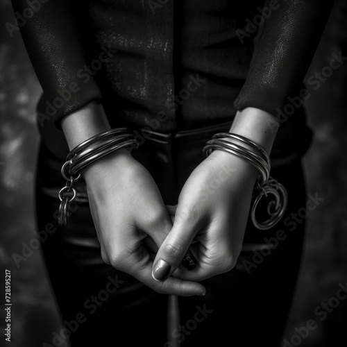 a girl with an expressive look and shackled hands. Concept illustration of themes about personal freedom, psychological limitations, survival and struggle
