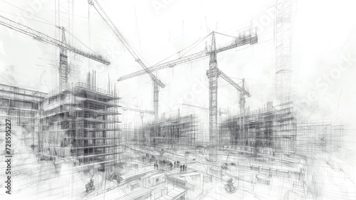 Construction site architectural sketch drawing, detailed rendering of scaffolding, machinery, and workers in action.