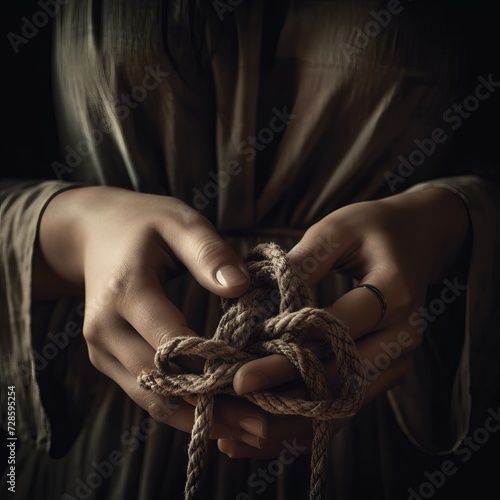female hands tied with rope. Concept illustration for themes about personal freedom, psychological limitations or an emphasis on textures and details 