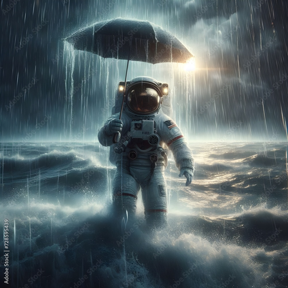 An astronaut in the ocean during storm and rain - obrazy, fototapety, plakaty 