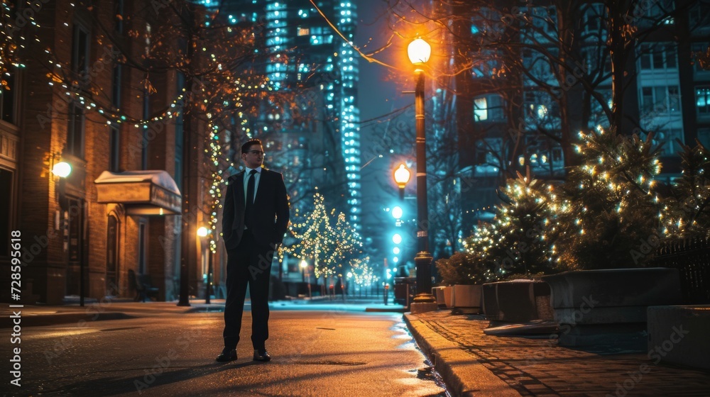 Man in Suit Standing on Night Street