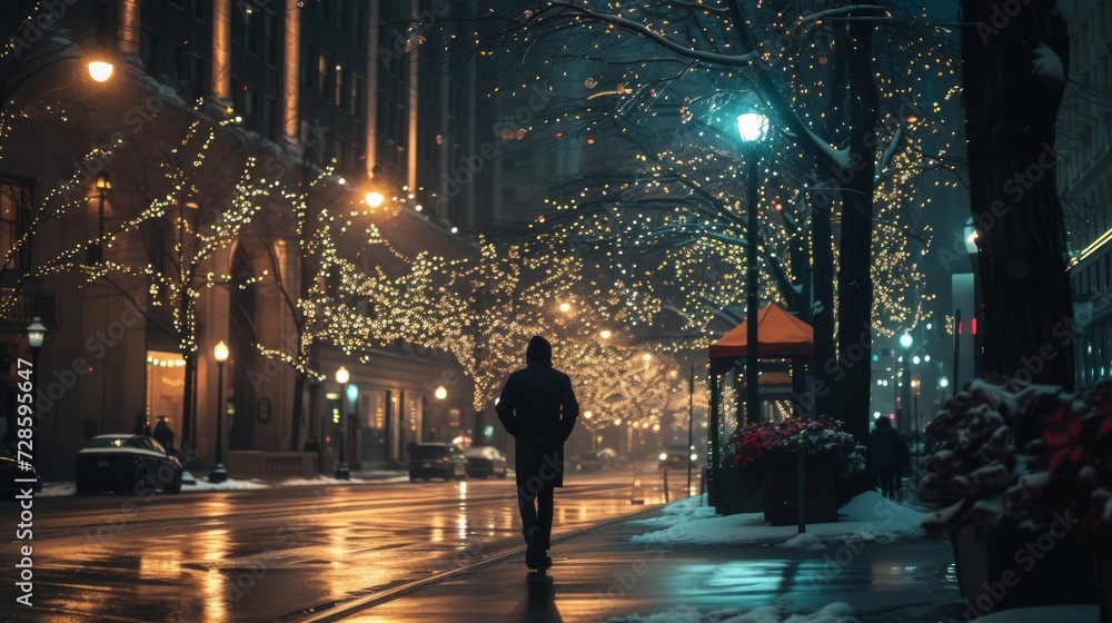 Person Walking Down a Street at Night