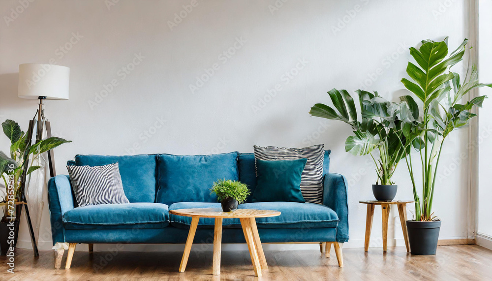 Empty living room with blue sofa, plants and table on empty white wall background, Empty living room with blue sofa, plants and table on empty white wall background,