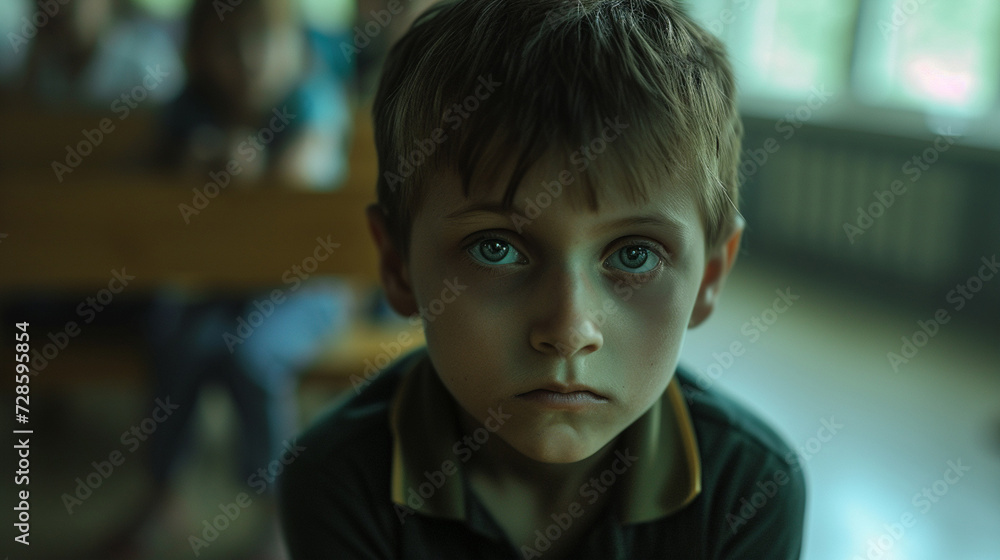 abstract, sick boy, toddler, in school or kindergarten, demon or abstract, sick boy, toddler, in school or kindergarten, demon or