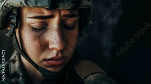 Portrait of young Female Soldier. Woman in Military uniform. She is Suffering and Crying. PTSD disorder. © Onigiri