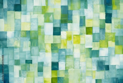 A Painting of Green Squares on a Blue Background
